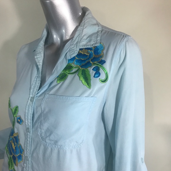 Velvet Heart Women’s Medium Blue Button Front Tunic Top Roll Tab Sleeves - Picture 6 of 16